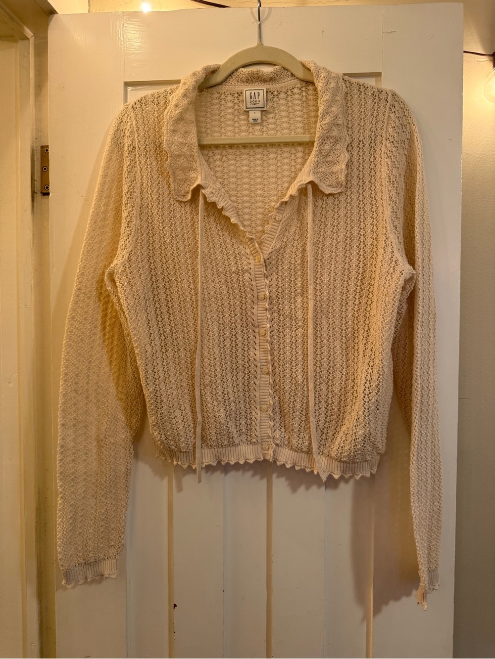 GAP DOEN Cream Open-Knit Button Cardigan Sweater